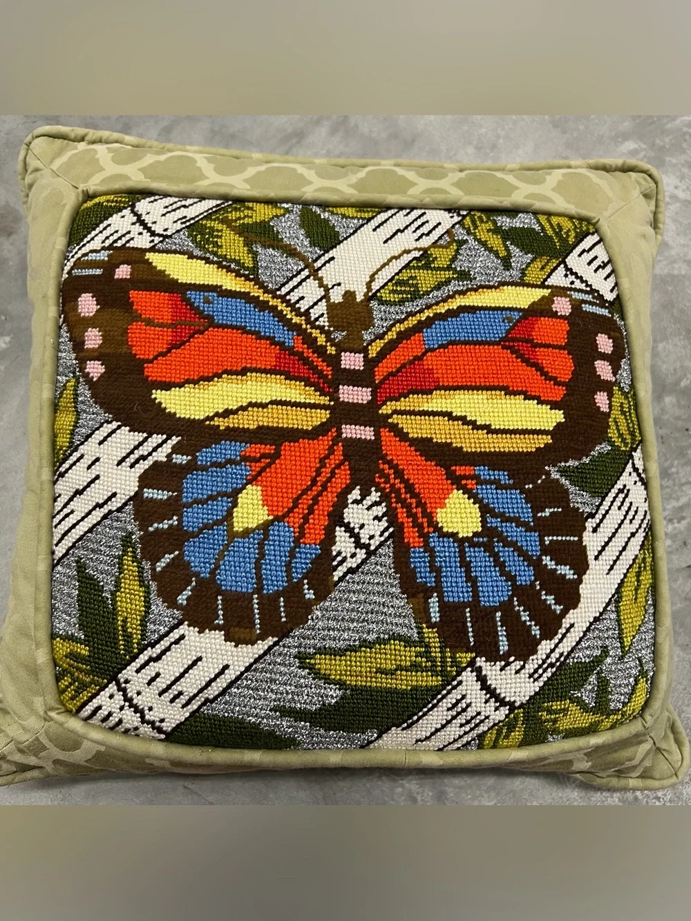 Vintage Pillow Butterfly Needlepoint Zipper Green Butterlfies Cross Stitch